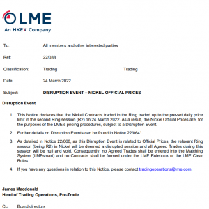 伦敦金属交易所（LME）第二轮镍的场内交易无效